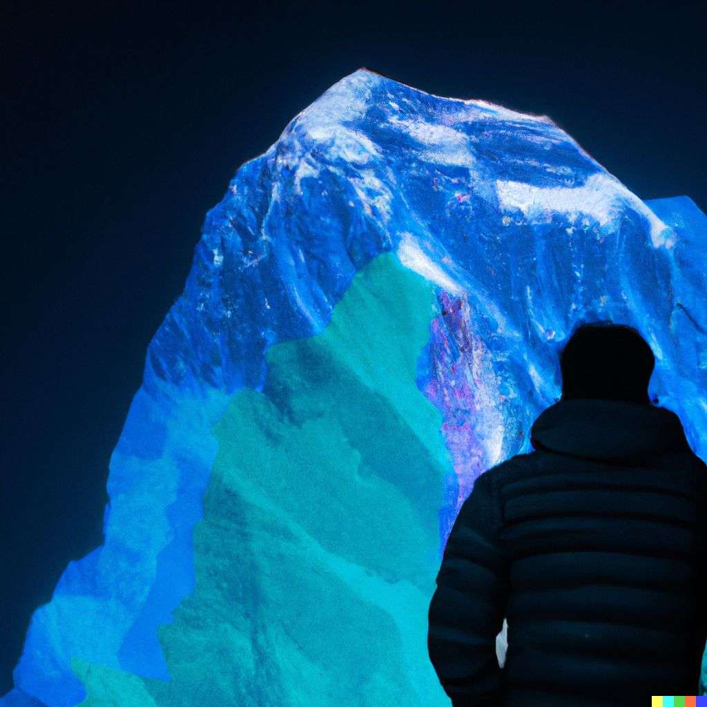 someone gazing at Mount Everest, a hologram projection